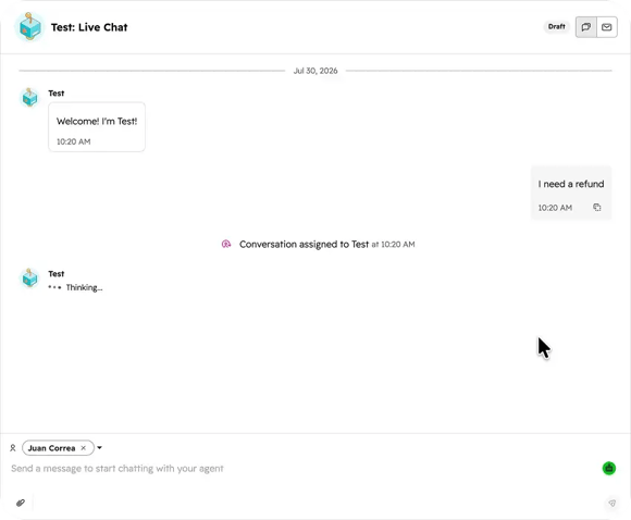 HubSpot live chat conversation between a customer and a Customer Agent. The chat shows the agent greeting, the customer asking for a refund, an assignment notification, and the agent displaying a “Thinking…” status before responding. The message composer is visible at the bottom.