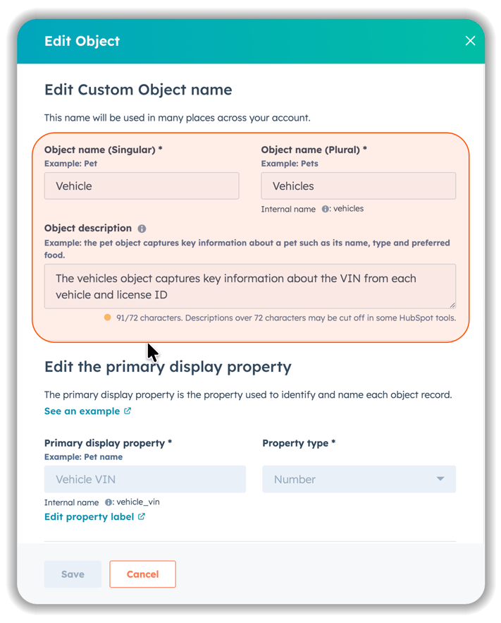 HubSpot Custom Object edit screen showing Vehicle object configuration with singular and plural name fields, object description, and primary display property settings for Vehicle VIN
