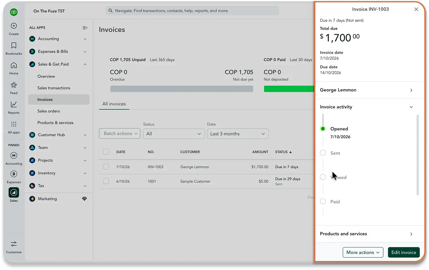 Screenshot of the Invoices list in QuickBooks Online, where invoice INV-1003 synced from HubSpot appears for $1,700. The highlighted side panel shows it's due in 7 days, with an activity timeline marked Opened and the Sent, Viewed, and Paid steps still pending.