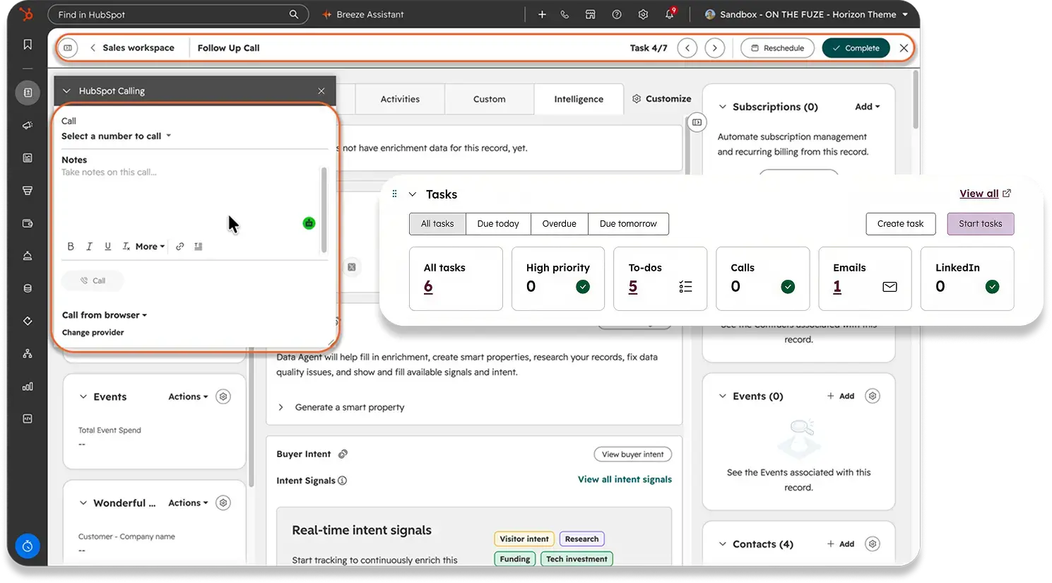 Screenshot of a task queue in HubSpot's Sales Workspace, with the Follow Up Call bar (task 4 of 7) and the HubSpot Calling panel highlighted. An overlaid Tasks card shows 6 tasks left: 5 to-dos and 1 email, with calls and LinkedIn tasks done.
