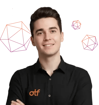 Team member smiling with geometric graphics in the background