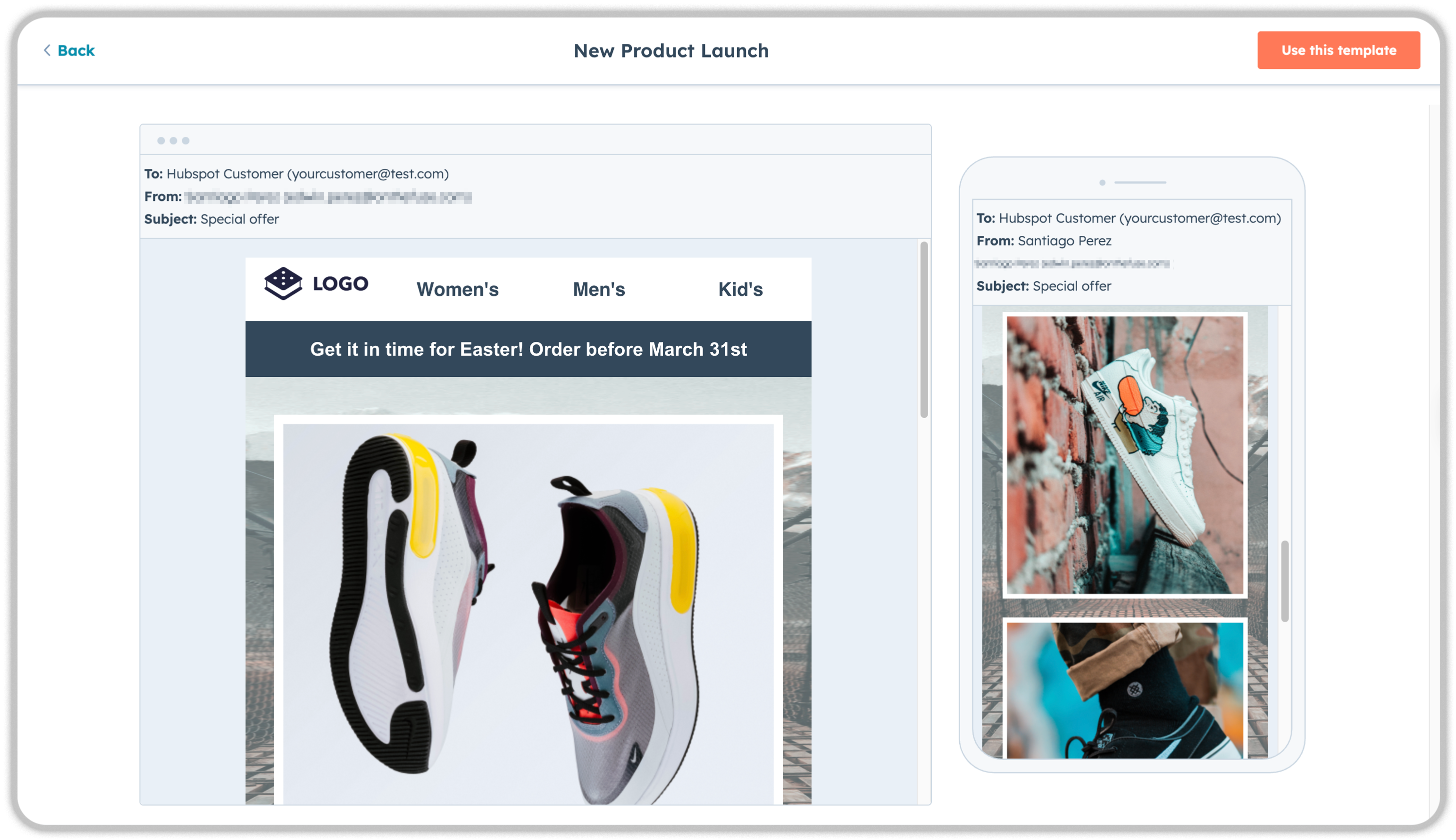 HubSpot email template for new product launch showing customizable ecommerce email design with product images and promotional messaging for desktop and mobile preview