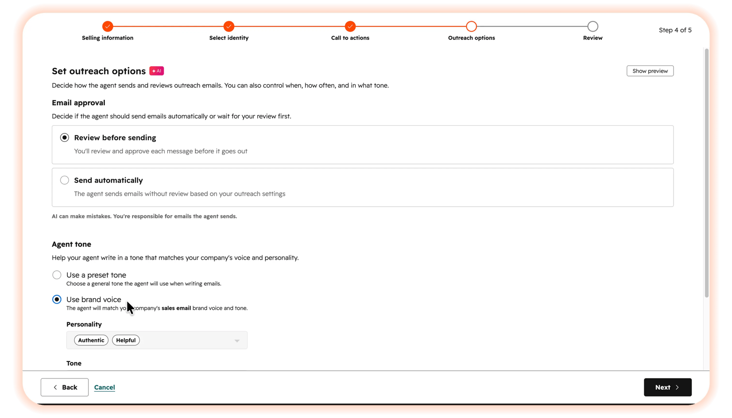 HubSpot Prospecting Agent setup — Step 4 of 5: Set outreach options, configuring email approval settings and agent tone.