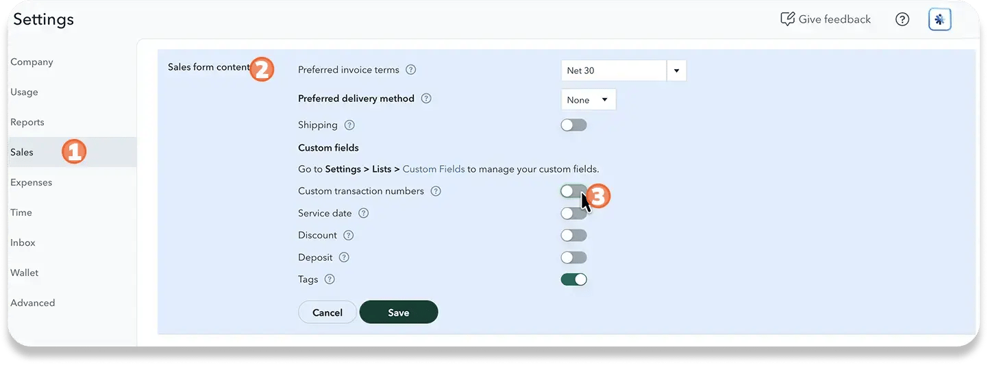 Screenshot of a Sales settings page in three numbered steps: open Sales, go to Sales form content, and turn on Custom transaction numbers. The same section has invoice terms (Net 30), delivery method, and toggles for shipping, service date, discount, deposit, and tags.