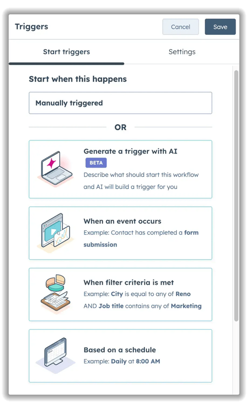 HubSpot workflow trigger options screen showing five trigger types: manually triggered, AI-generated trigger (beta), event-based triggers like form submissions, filter criteria such as location and job title, and schedule-based triggers like daily at 8:00 AM.