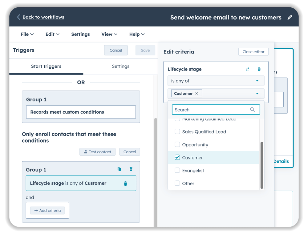 HubSpot workflow enrollment trigger settings showing lifecycle stage configuration for customer welcome emails