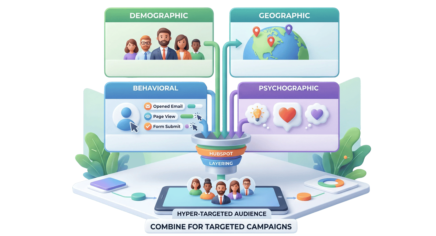 3D illustration showing four segmentation types—Demographic, Geographic, Behavioral, and Psychographic—feeding into a HubSpot layering funnel that produces a hyper-targeted audience, captioned 'Combine for targeted campaigns.'