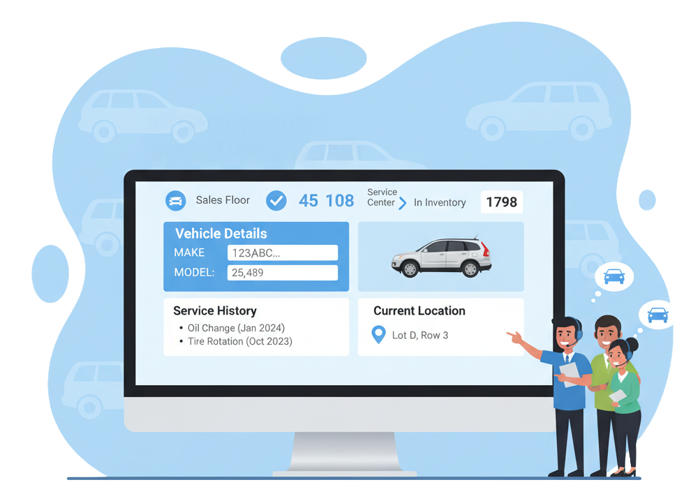 HubSpot Custom Object example showing Quantum Auto Inventory System dashboard with vehicle details, service history tracking, and current location management for automotive dealership inventory