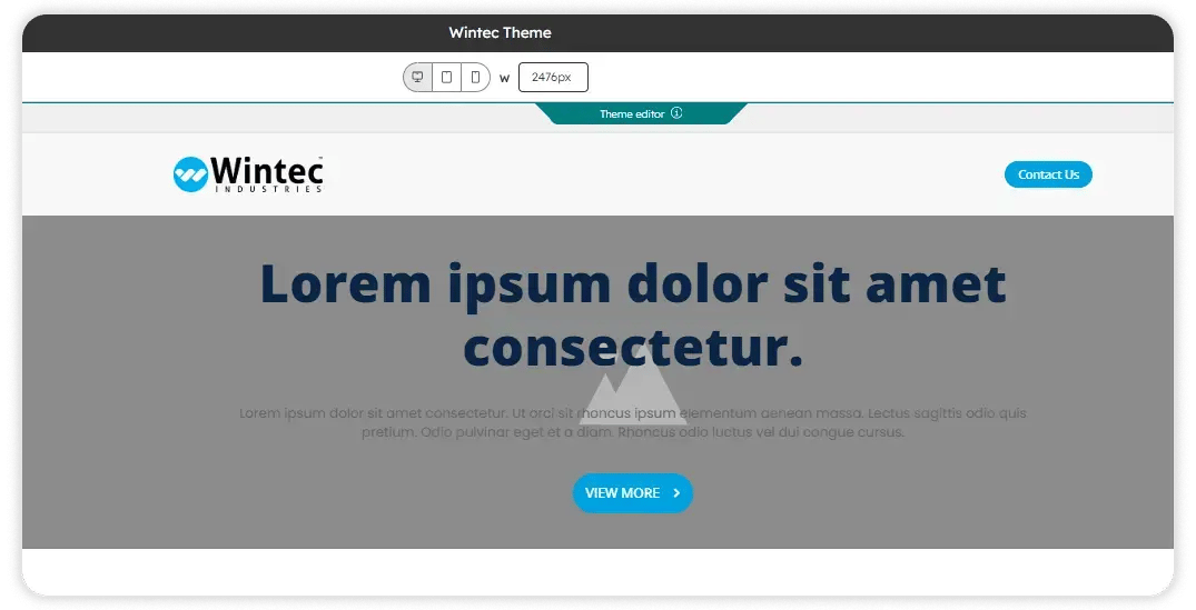HubSpot theme editor previewing the Wintec Theme at desktop width, showing a header with the Wintec Industries logo and Contact Us button above a hero section with placeholder text and a View More button.