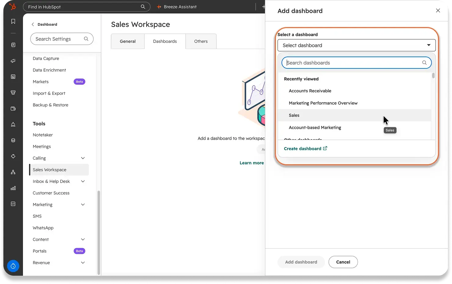 Screenshot of the Dashboards tab in HubSpot's Sales Workspace settings. An Add dashboard panel is open with its Select a dashboard dropdown highlighted. It lists recently viewed dashboards, with Sales selected, and a Create dashboard link.