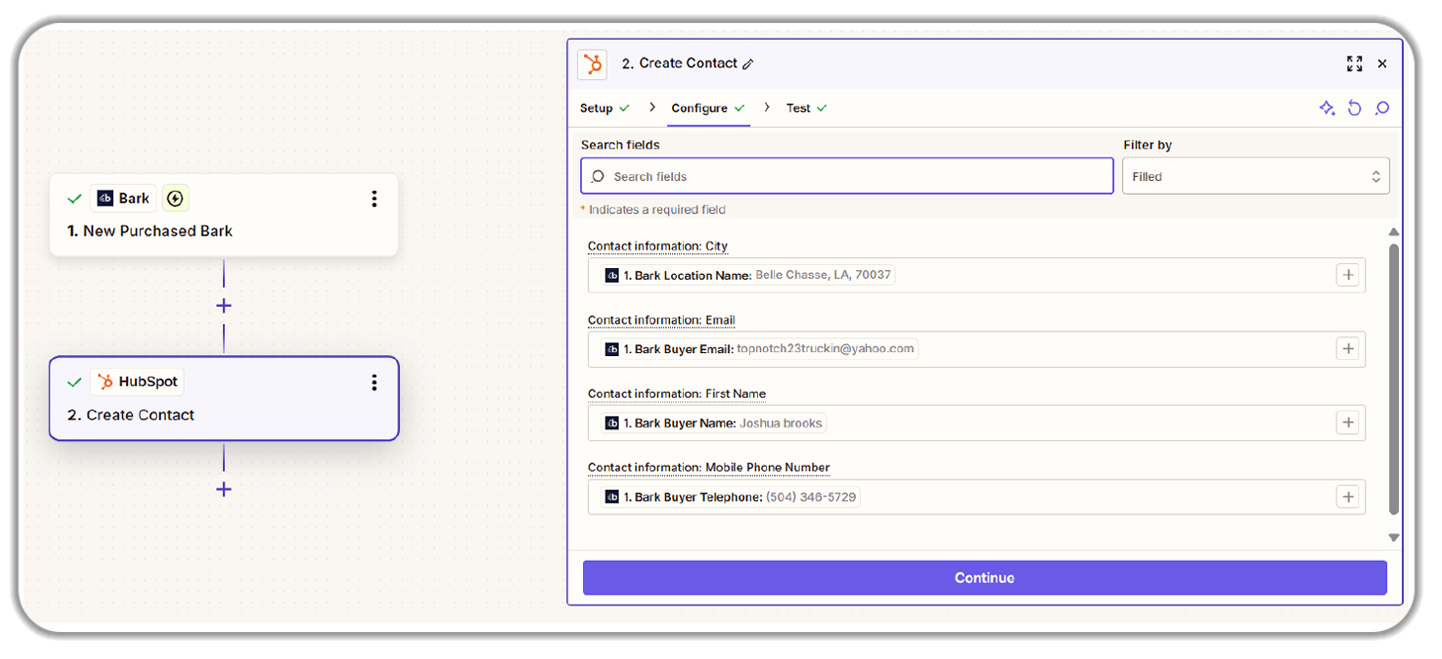 HubSpot workflow automation interface showing the "Create Contact" step configured to capture lead data from the Bark marketplace, including contact fields for email, name, phone, and location information for seamless CRM integration.