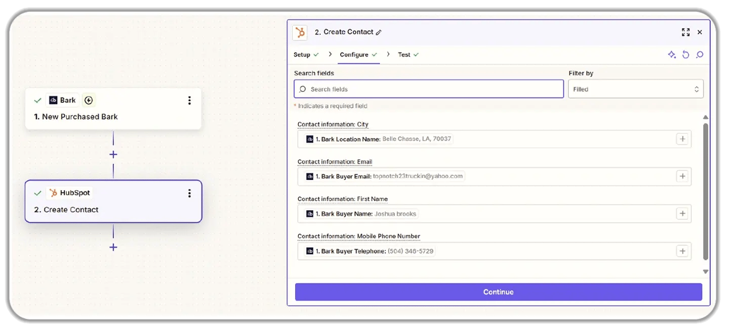 HubSpot workflow automation interface showing the "Create Contact" step configured to capture lead data from the Bark marketplace, including contact fields for email, name, phone, and location information for seamless CRM integration.