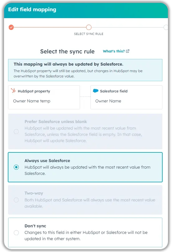 HubSpot Salesforce integration field mapping interface showing sync rule options when integrating HubSpot with Salesforce, with Owner Name property mapped between systems and Always use Salesforce option selected to control data synchronization direction