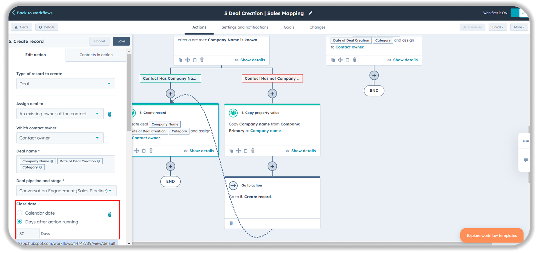 HubSpot CRM workflow automation interface showing automated deal creation and sales pipeline mapping. The configuration panel displays workflow settings for deal assignment and close date parameters, while the main area shows the visual workflow logic for creating deals based on contact company data - demonstrating HubSpot's automated sales process capabilities.