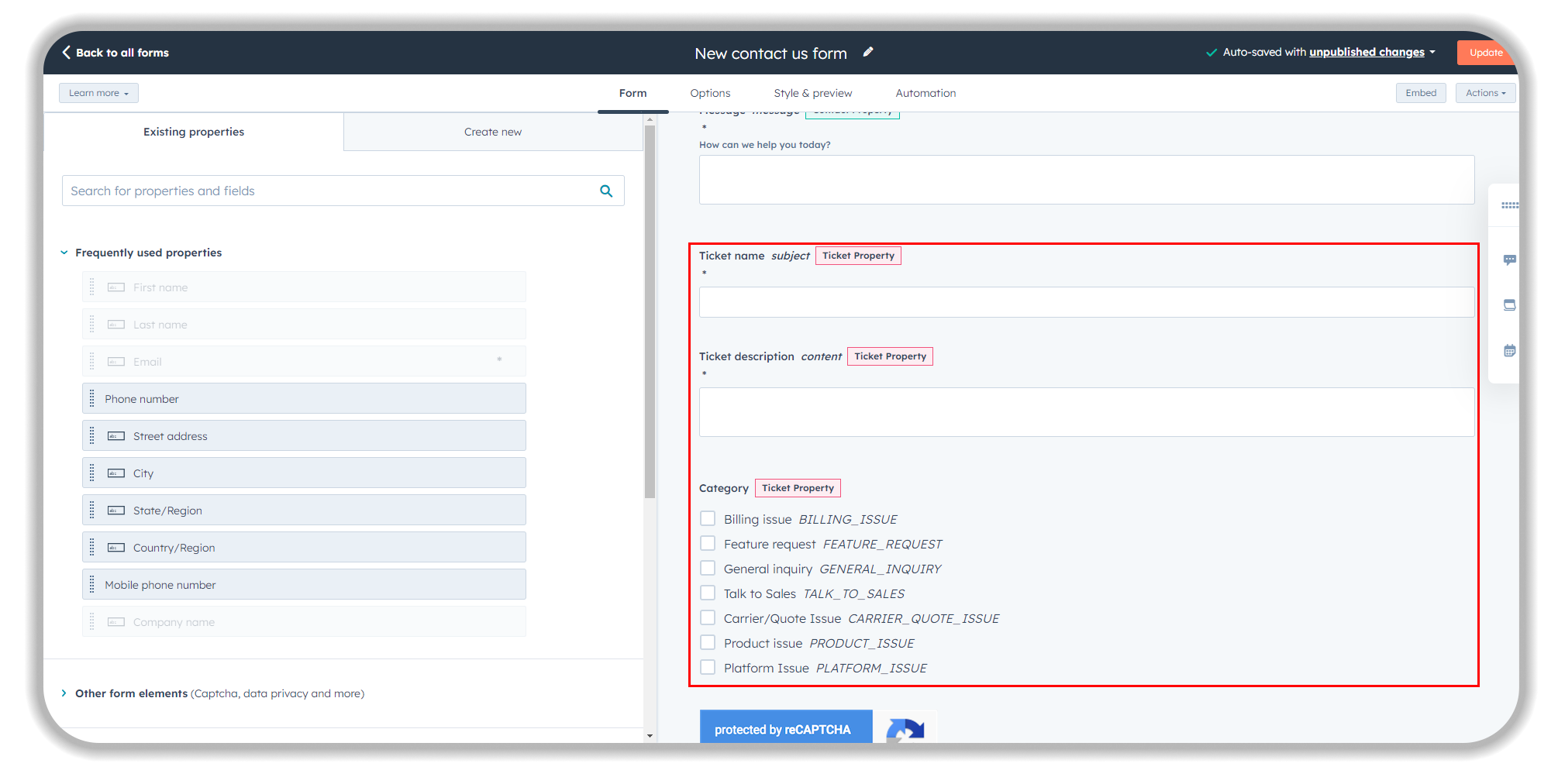 HubSpot contact form builder interface showing a "New contact us form" setup. The left panel displays available form fields including contact information properties like name, email, phone, and address fields. The main form area (highlighted in red) shows custom ticket properties being configured, including ticket name, description, and category selection with options like billing issues, feature requests, general inquiries, and sales inquiries.