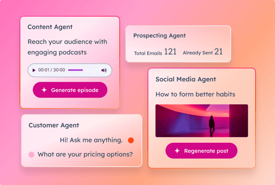 Breeze AI interface showing content, prospecting, customer, and social media agents with tasks related to podcasts, emails, and posts.