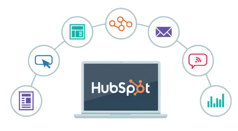 HubSpot CRM platform displayed on a laptop screen surrounded by connected icons representing integrations—website pages, network connections, email, live chat, analytics, documents, and click tracking—illustrating the unified customer platform ecosystem