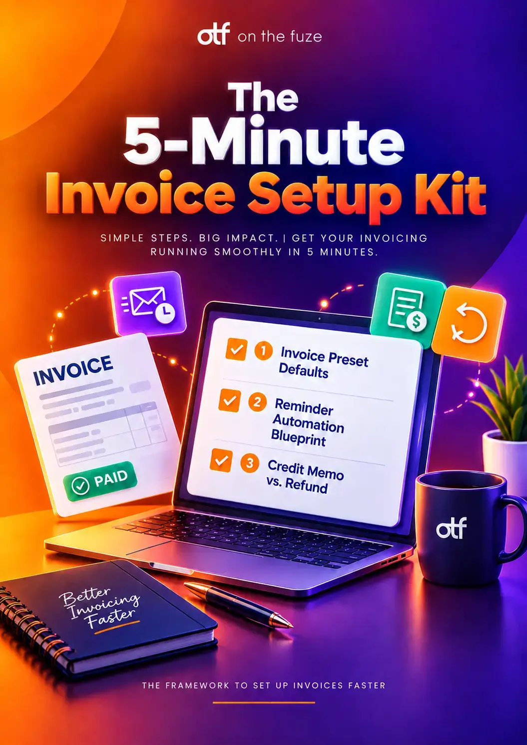 Cover of On The Fuze's free 5-Minute Invoice Setup Kit, a three-part HubSpot guide covering invoice preset defaults, reminder automation, and credit memo vs. refund.