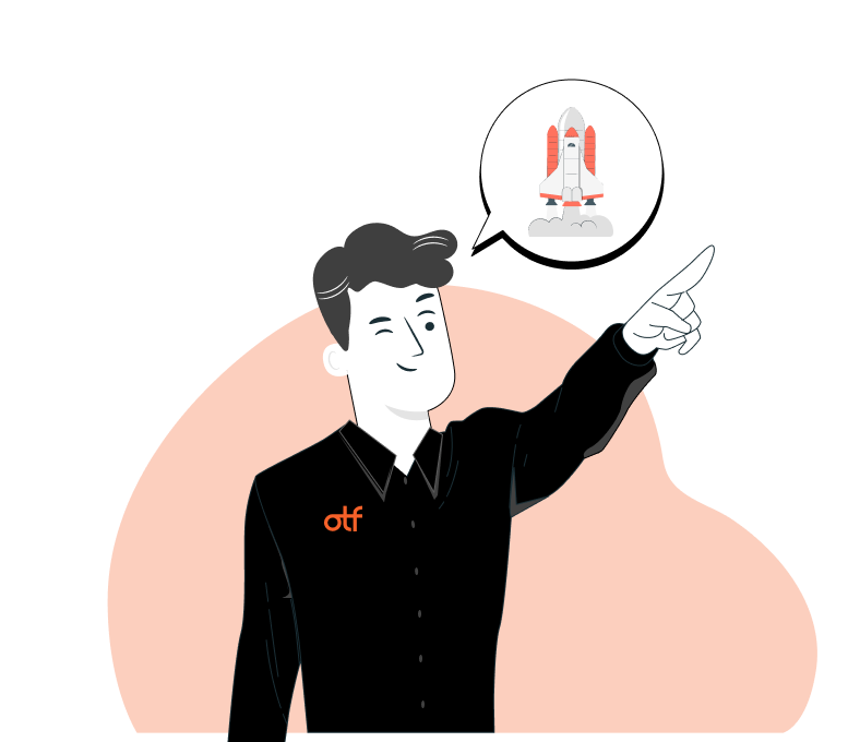 HubSpot expert consultant pointing upward with rocket launch icon in speech bubble, representing business growth and digital marketing success through HubSpot partner services