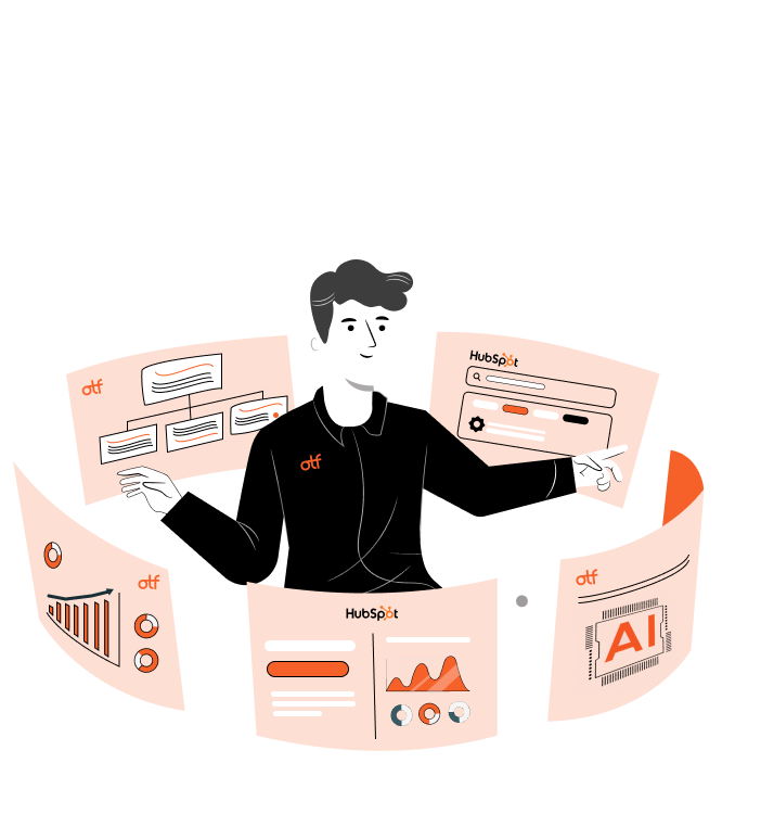 OTF HubSpot Analyst Expert surrounded by HubSpot data dashboards and analytics reports illustration