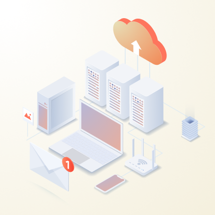 Virtual cloud computing illustration with servers, data transfer, and network connections.