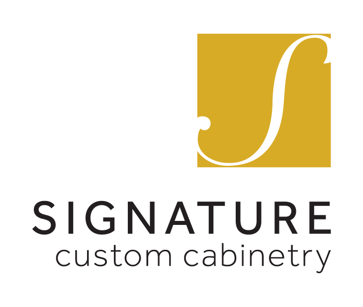 Signature Custom Cabinetry logo featuring a stylized 'S' in black over a gold square, with the brand name 'Signature custom cabinetry' written below in bold and light black fonts, representing a high-end custom cabinet manufacturer.