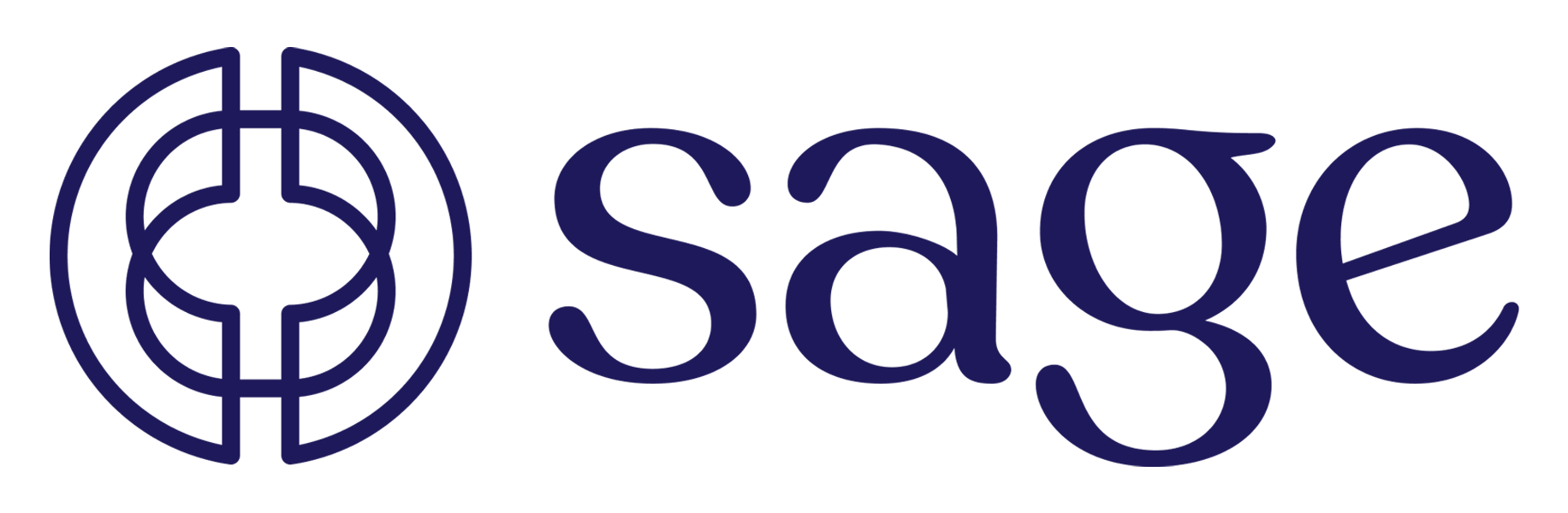 Sage company logo features a circular geometric design in dark blue with "sage" text, representing the multinational enterprise software company specializing in accounting, payroll, and payment systems.
