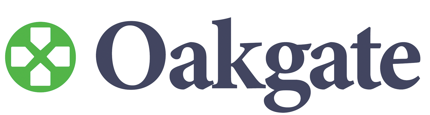 The Oakgate logo features a green circular icon with a white cross symbol, followed by