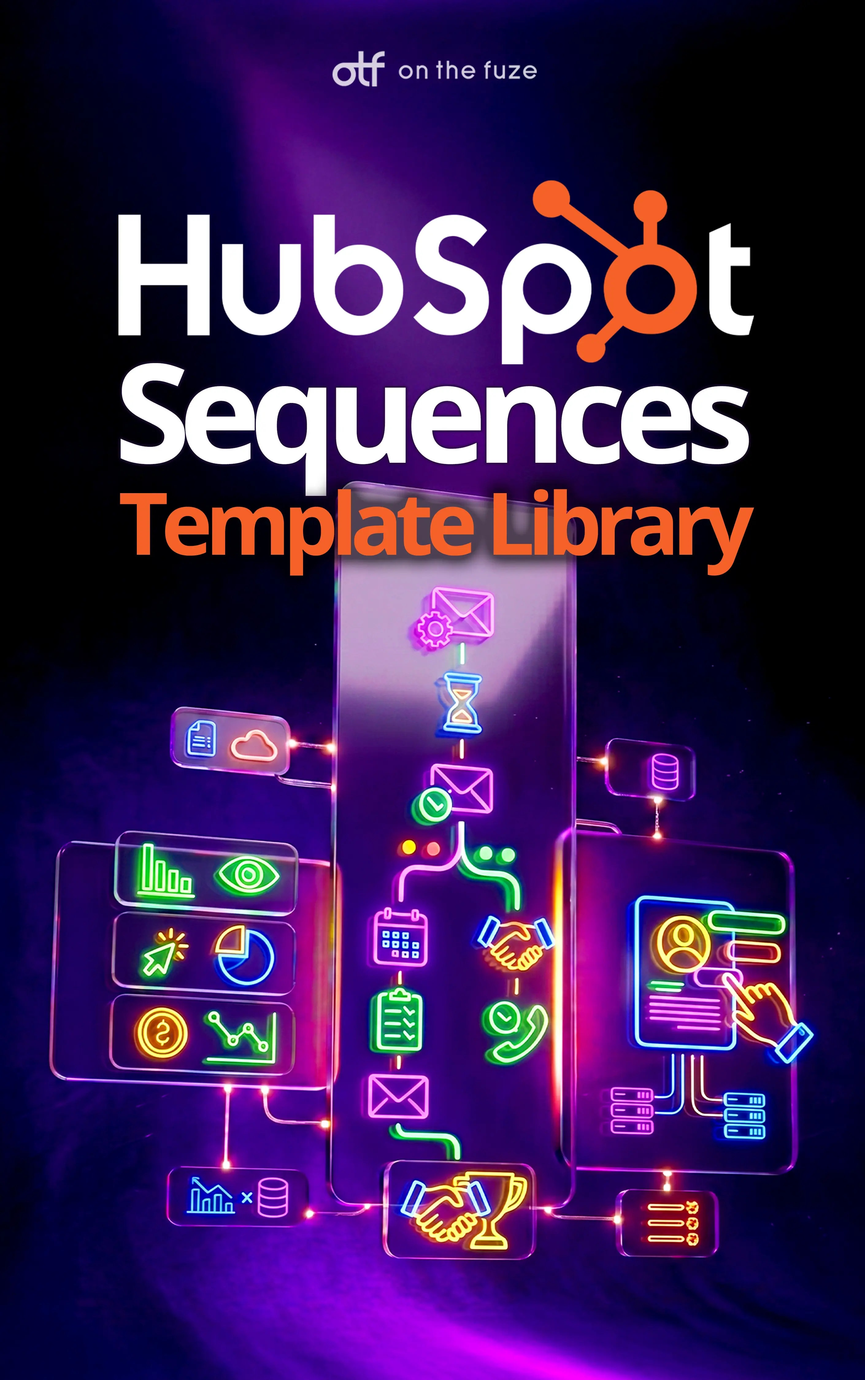 HubSpot Sequences Template Library cover by On The Fuze featuring neon sequence-step icons on a purple background