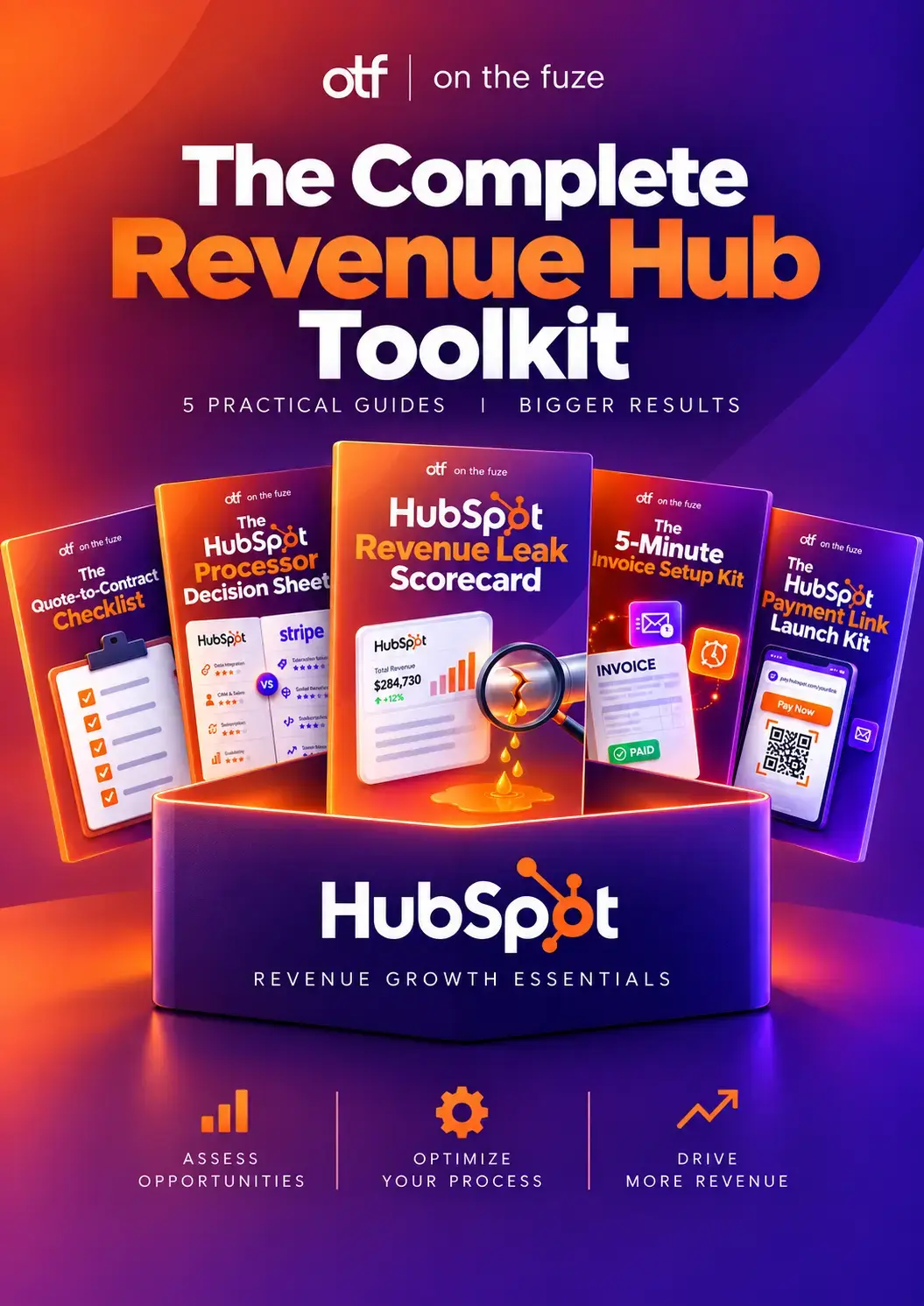The Complete Revenue Hub Toolkit by On The Fuze: five kit covers fanned above a HubSpot Revenue Growth Essentials box, the Quote-to-Contract Checklist, Processor Decision Sheet, Revenue Leak Scorecard, 5-Minute Invoice Setup Kit and Payment Link Launch Kit.