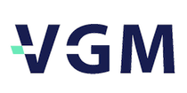 VGM company logo featuring bold navy blue capital letters with a small teal geometric accent beneath the V