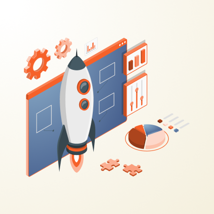 An illustration of a rocket with a computer An illustration of a rocket with a computer